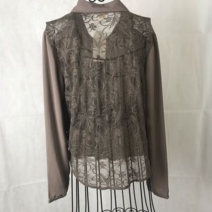 Taupe Lace Back Button up Blouse Sz. Large